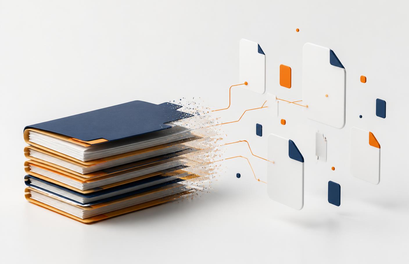Ilustração de pastas de papel se convertendo em documentos digitais conectados